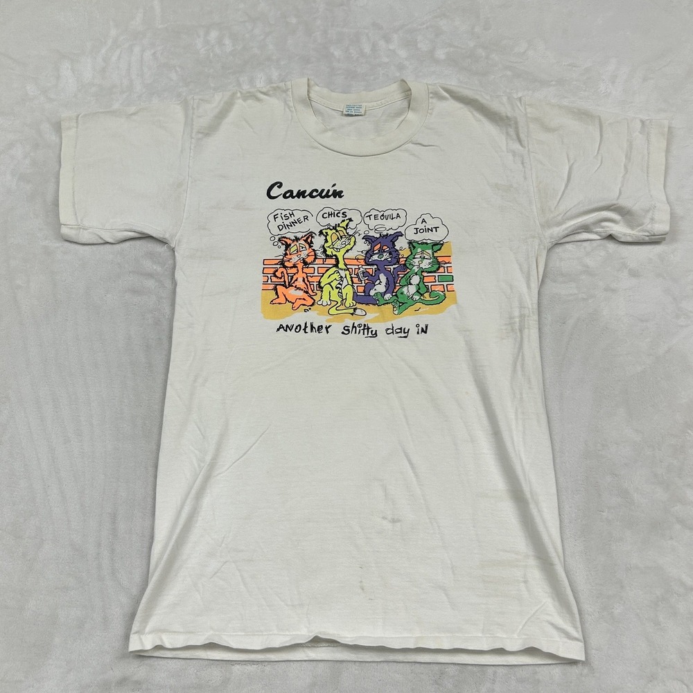 Vintage Cancun Graphic T-Shirt Mens XL White Funny Cat Tequila Single Stitch Tee